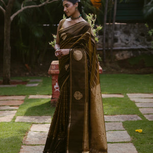 Dark Olive Handloom Silk Cotton Saree With Veldari stripes