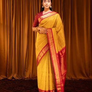 Mustard Handloom Korvai Silk Cotton Saree With Checks-Mustard