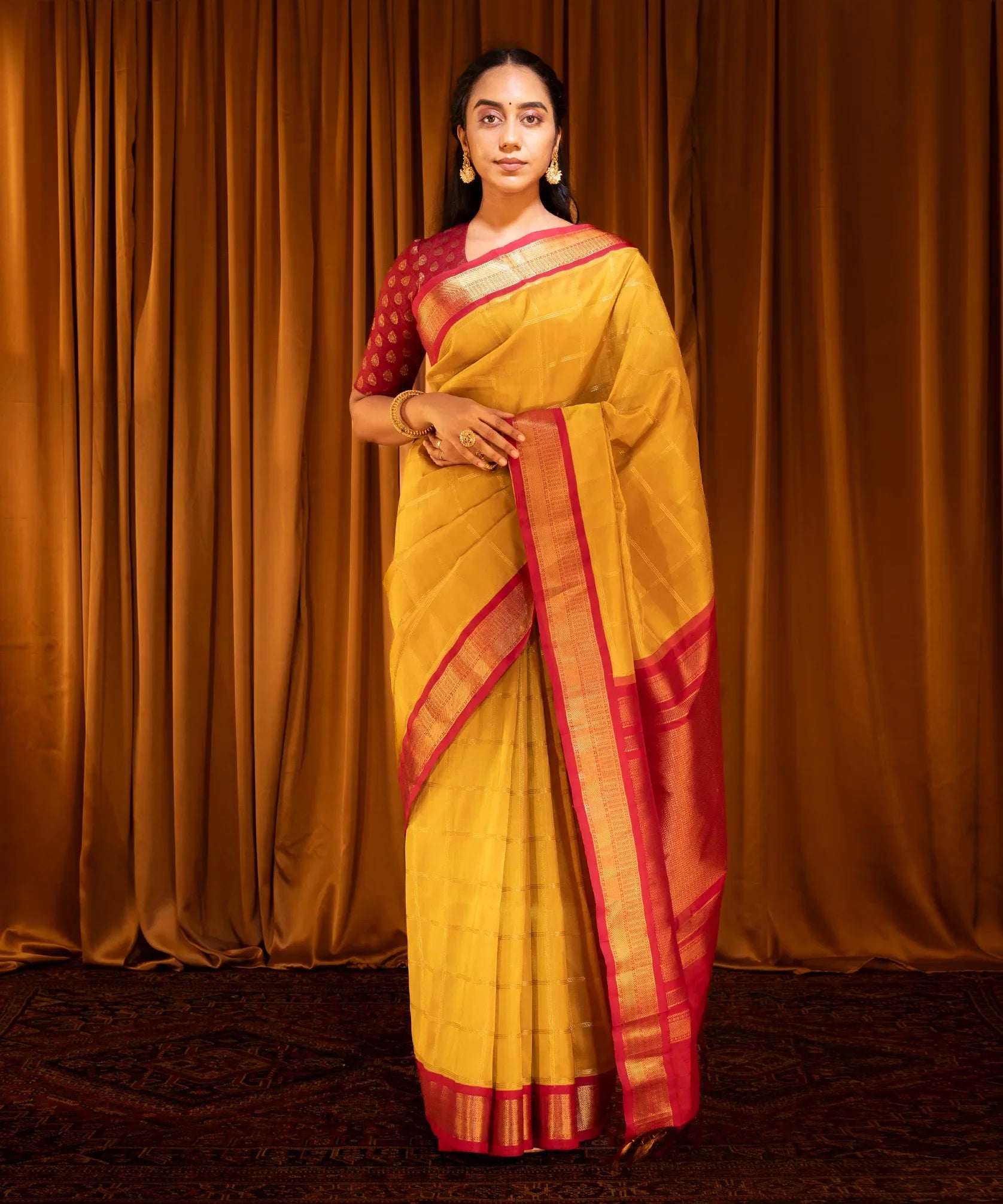 Mustard Handloom Korvai Silk Cotton Saree With Checks-Mustard