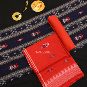 Blue Red Doll Odisha Ikat Sambalpuri Cotton Dress set with Dupatta