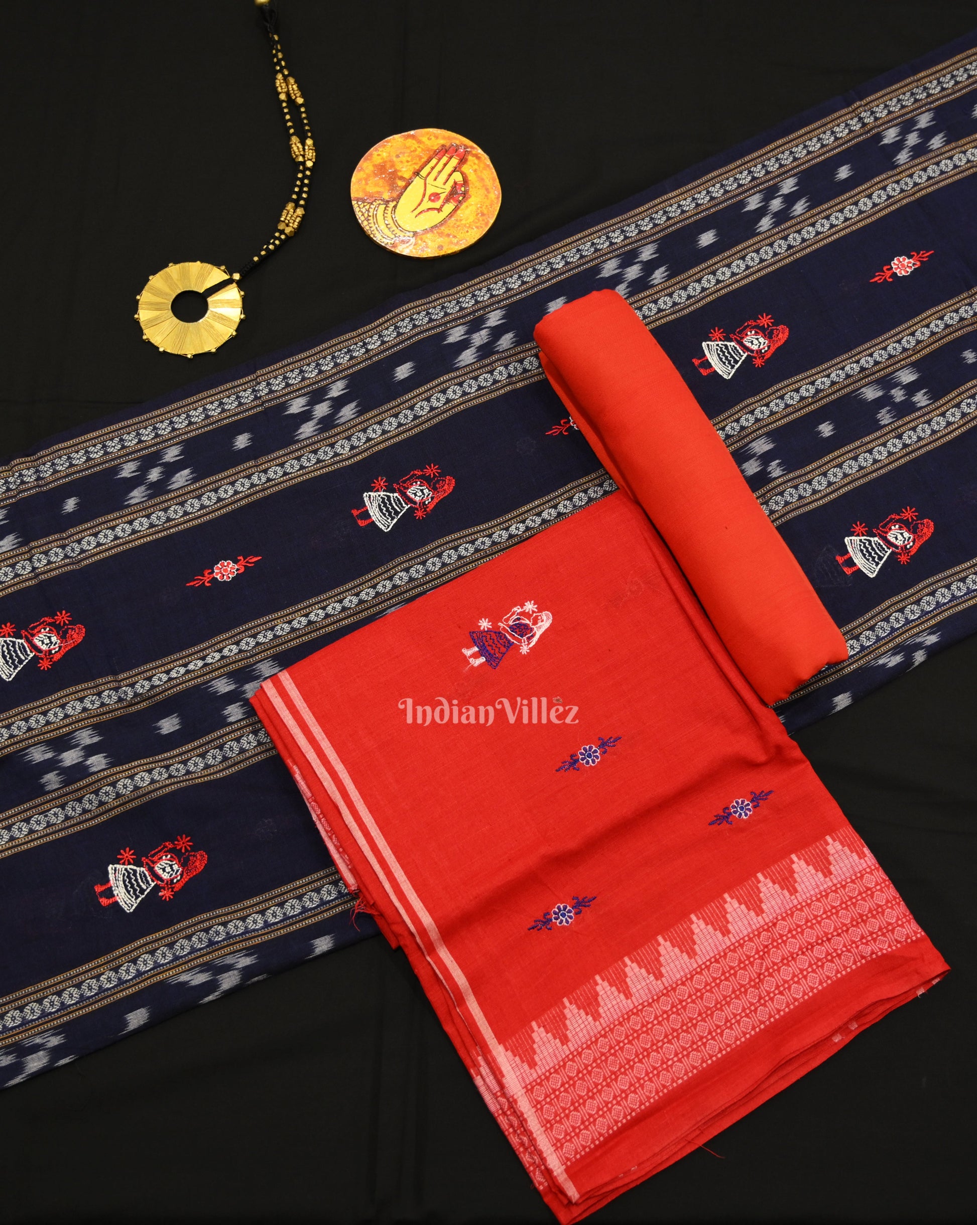 Blue Red Doll Odisha Ikat Sambalpuri Cotton Dress set with Dupatta