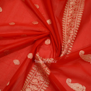 Deep Red Pure Khaddi Chiffon Banarasi Saree