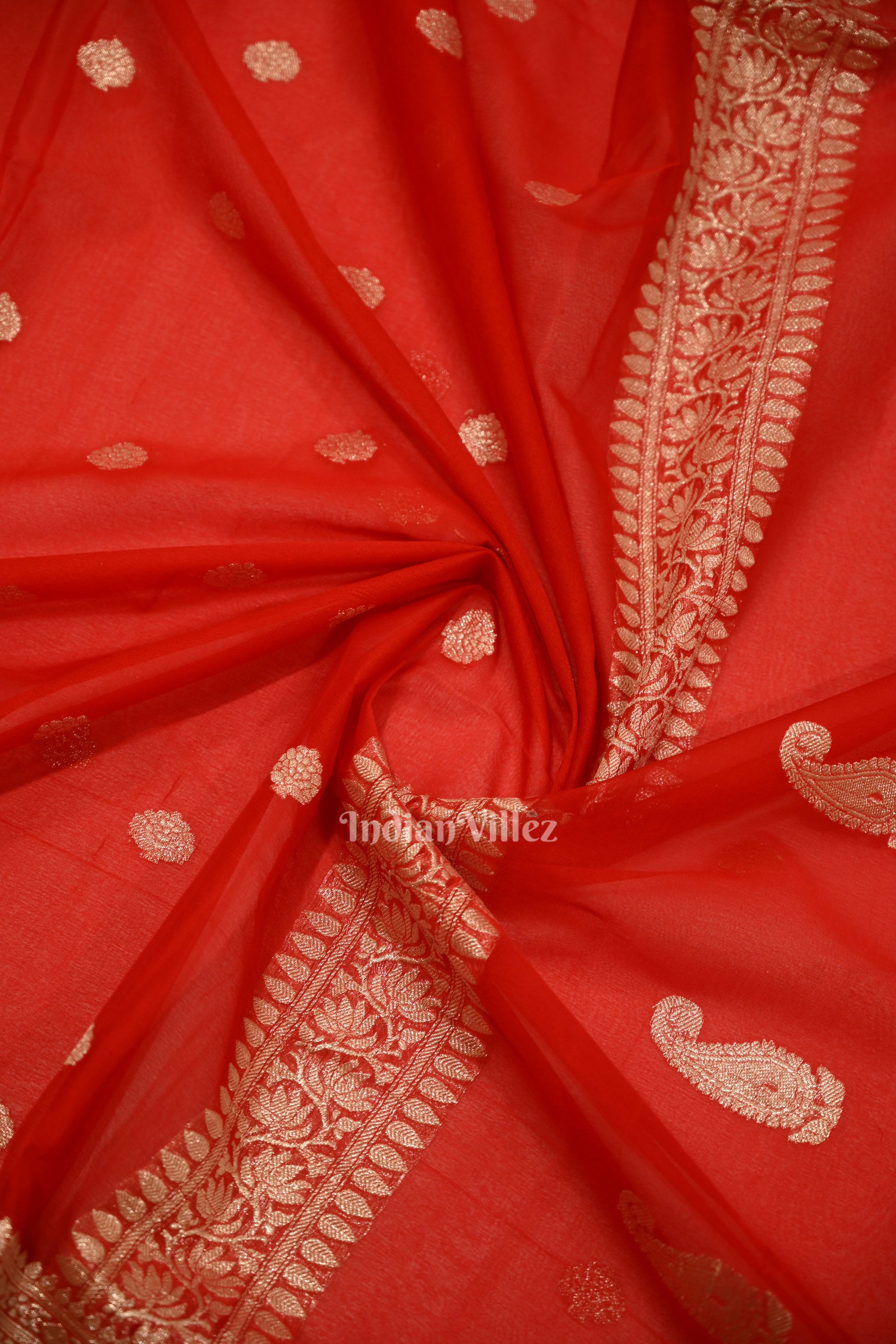 Deep Red Pure Khaddi Chiffon Banarasi Saree