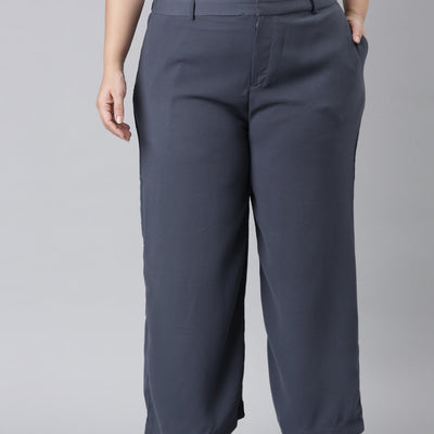 Women Solid Dark Jean Blue High Rise Crepe Wide Pant