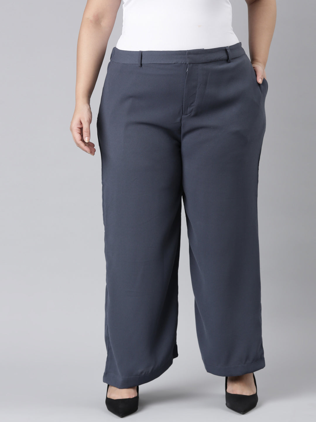 Women Solid Dark Jean Blue High Rise Crepe Wide Pant