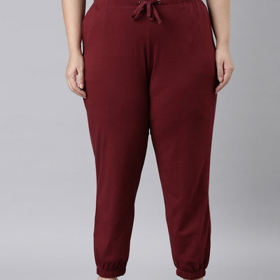 Women Solid Maroon Mid Rise Casual Joggers