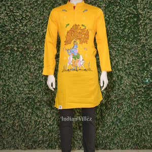 Yellow Krishna Theme Hand-Painted Pattachitra Kurta