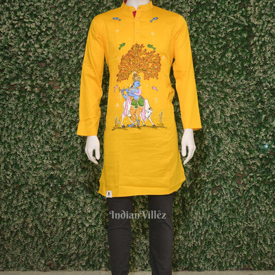 Yellow Krishna Theme Hand-Painted Pattachitra Kurta