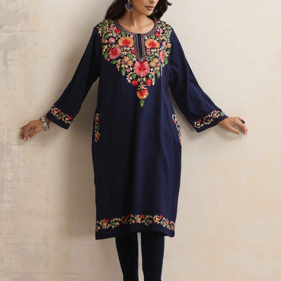 trueBrowns Blue Kashmiri Embroidered Woollen Phiran Kurta