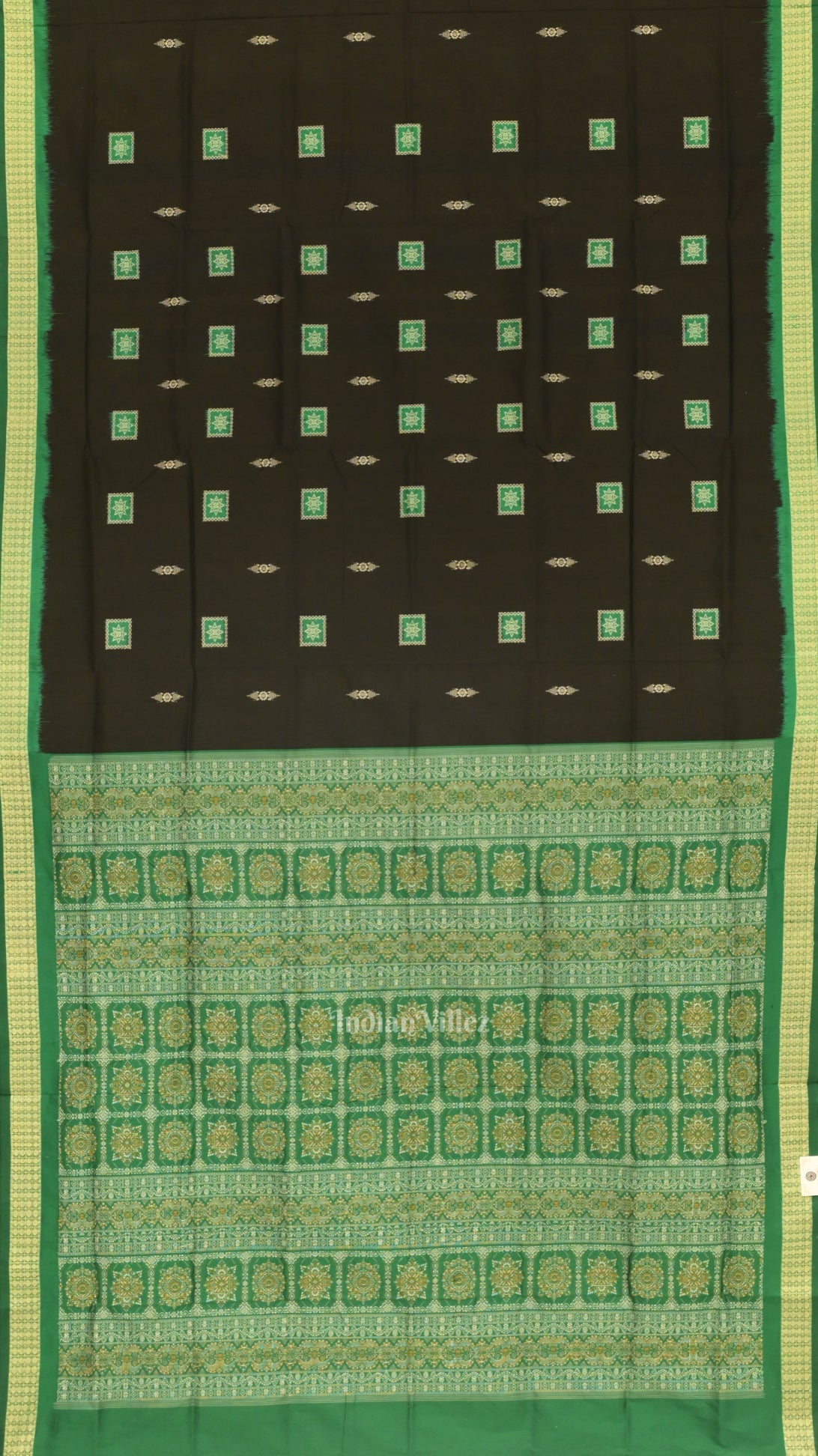 Deep Black Green Square Motif Sambalpuri Silk Saree