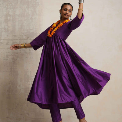 trueBrowns Purple Silk Anarkali Flared Kurta Set