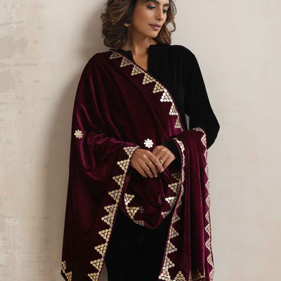 trueBrowns Wine Velvet Gota Patti Stole