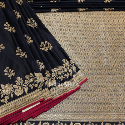 Navy Blue Flower Motif Mashru Satin Silk Banarasi Saree