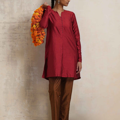 trueBrowns Red Silk Kurta Co-ord Set