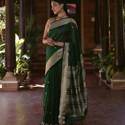 Dark Green Handloom Silk Cotton Saree With Maan (Deer) And Elephant (Yannai) Motifs