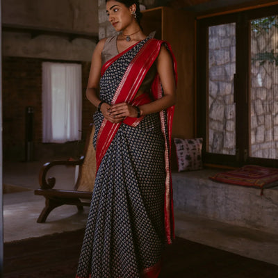 Indo Chanderi Cotton Saree with Screen-printed Floral Motifs in a striking red border