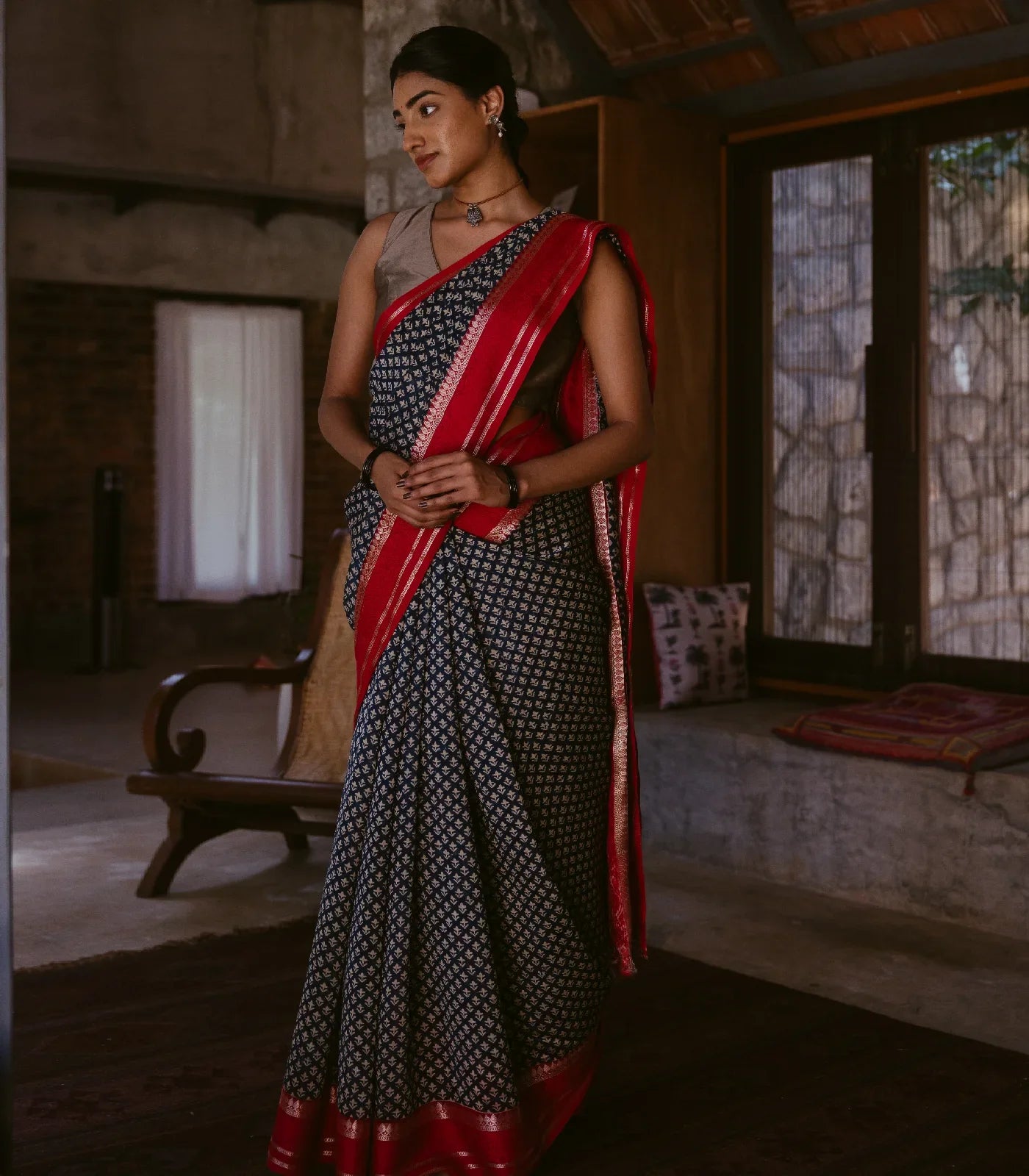 Indo Chanderi Cotton Saree with Screen-printed Floral Motifs in a striking red border
