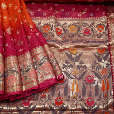 Bright Orange Pink Bandhini Banarasi Kota Silk Saree with Paithani Border