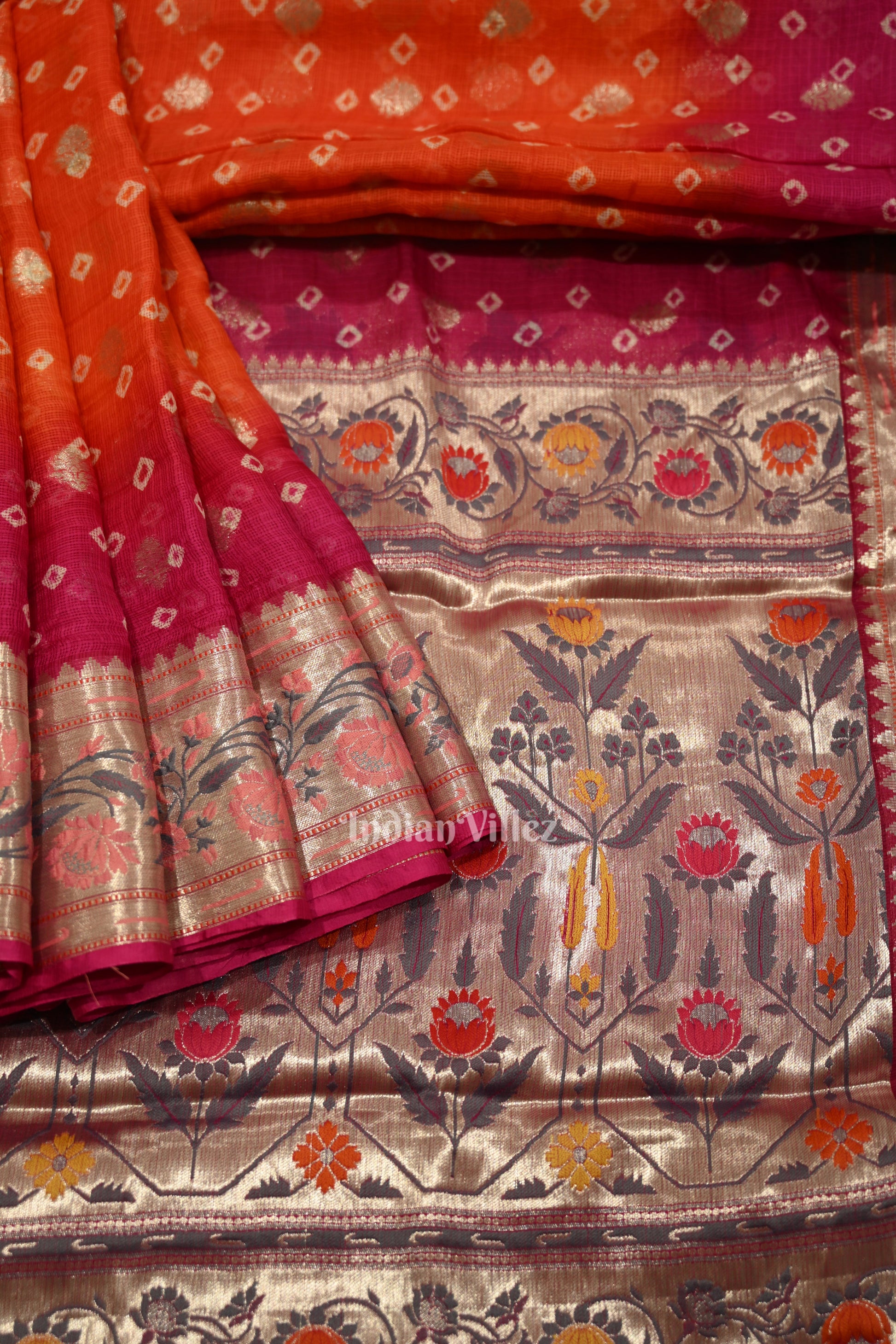 Bright Orange Pink Bandhini Banarasi Kota Silk Saree with Paithani Border