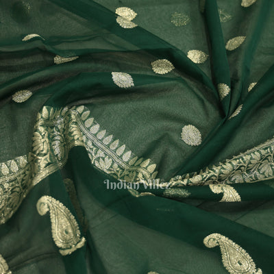 Dark Green Pure Khaddi Chiffon Banarasi Saree