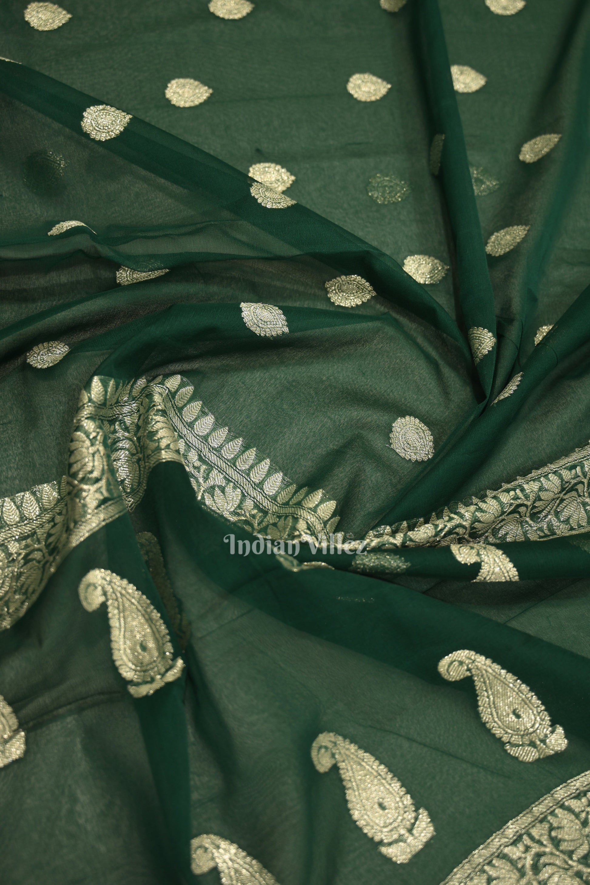 Dark Green Pure Khaddi Chiffon Banarasi Saree