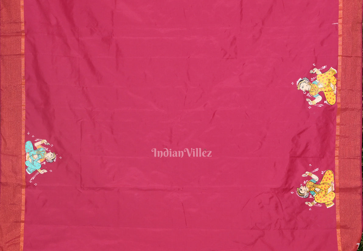 Magenta Pink Nartaki Theme Hand- Painted Pattachitra Saree