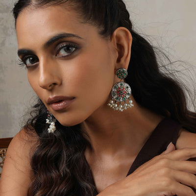 trueBrowns Silver Gold Tone Circular Stone Earrings