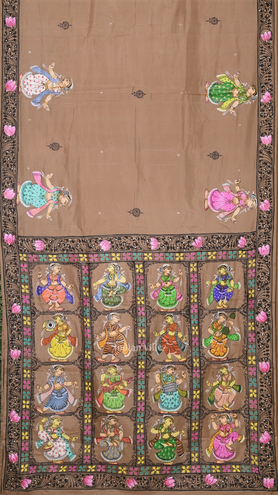 Natural Tussar Dancing Nartaki Theme Hand-Painted Pattachitra Saree