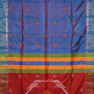 Ocean Blue Red Pure Bishnupuri Silk Saree