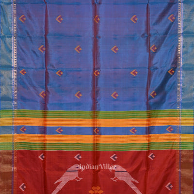 Ocean Blue Red Pure Bishnupuri Silk Saree