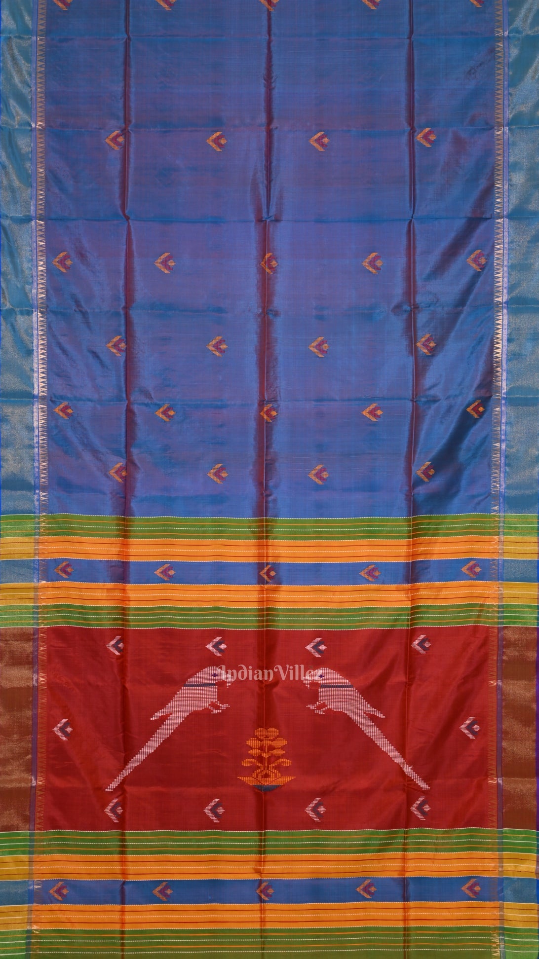 Ocean Blue Red Pure Bishnupuri Silk Saree