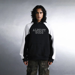 ALMOST GODS | LOGO PANEL HOODIE IN BLACK AND WHITE { BLACK/WHITE