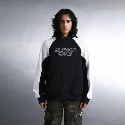 ALMOST GODS | LOGO PANEL HOODIE IN BLACK AND WHITE { BLACK/WHITE