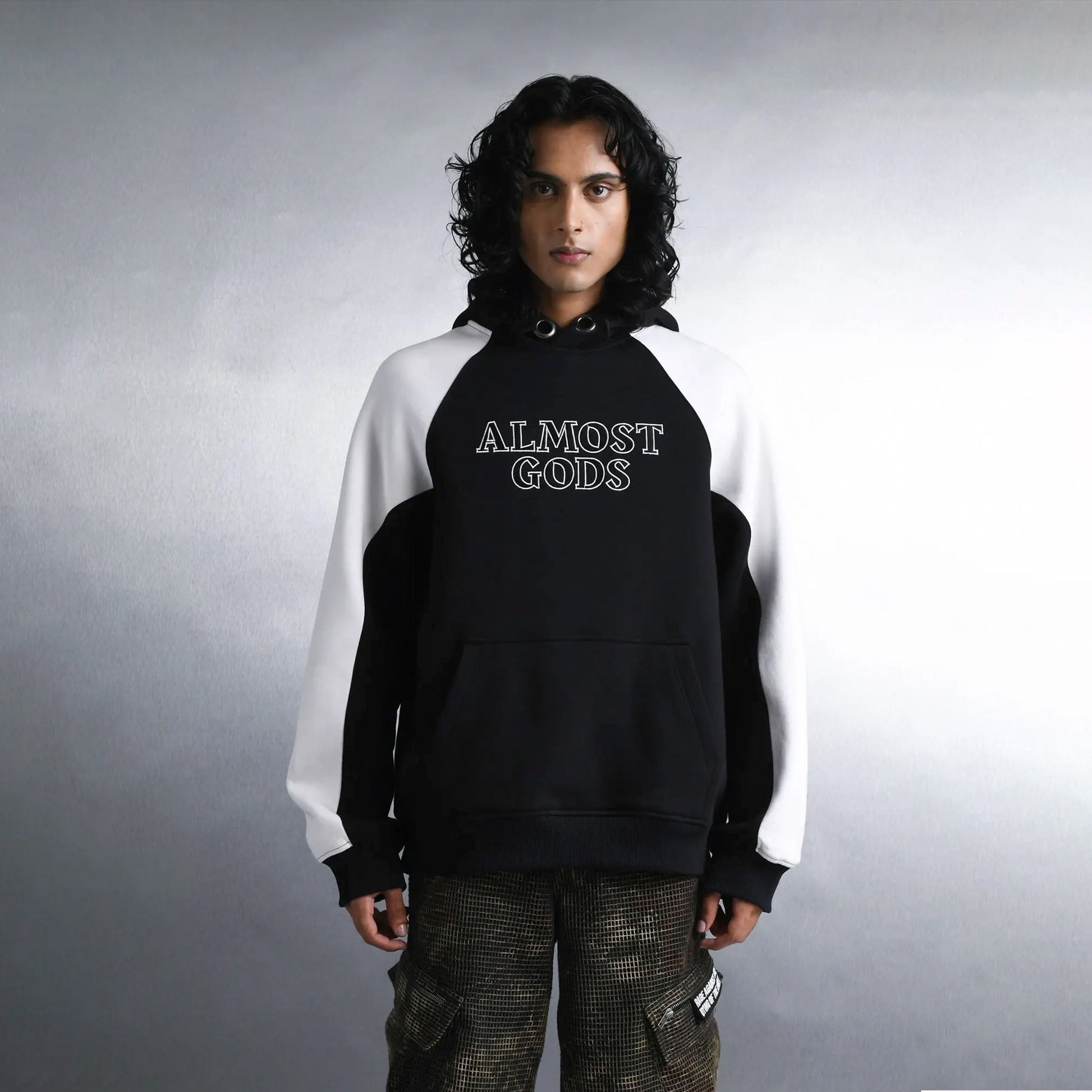 ALMOST GODS | LOGO PANEL HOODIE IN BLACK AND WHITE { BLACK/WHITE