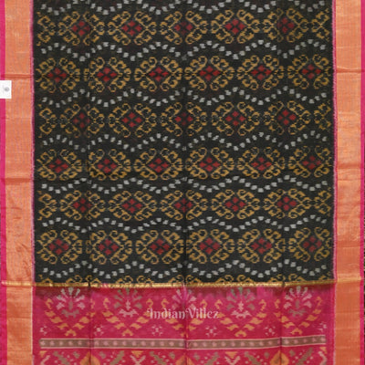 Black Pink Pochampally Ikat Sico (Silk & Cotton) Saree with Zari Border