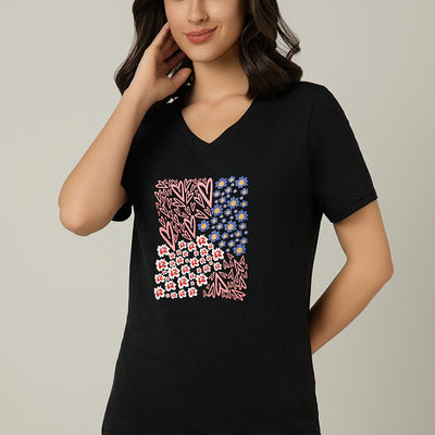 V-Neck Sleep Tee - Floral Heart Print