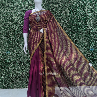 Magenta Stripped Pure Silk Cotton Maheshwari Saree