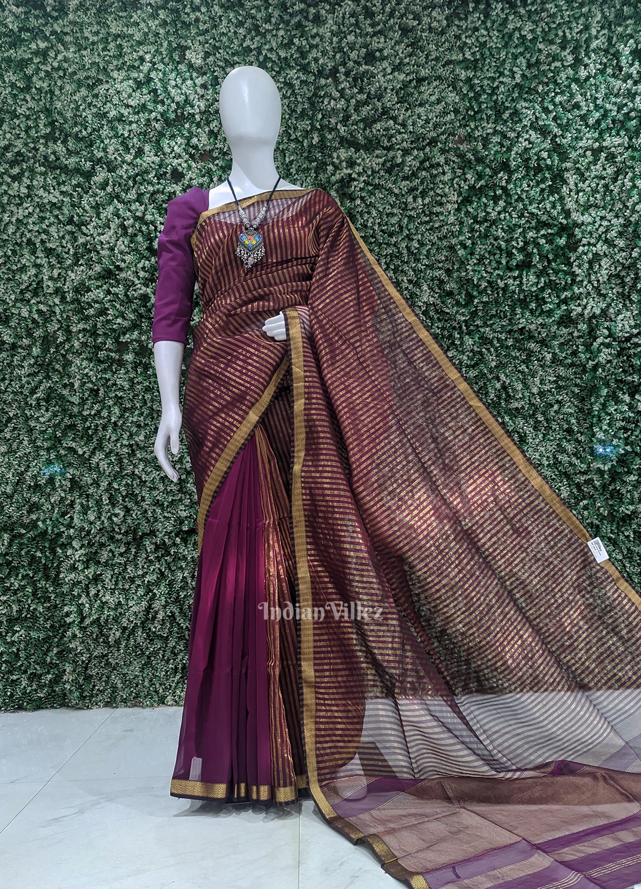 Magenta Stripped Pure Silk Cotton Maheshwari Saree