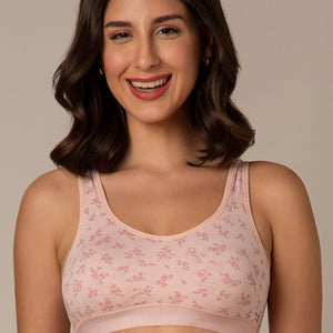 Easy Slip-On Non-Padded Non-Wired Cotton Bra - Pink Floral Print