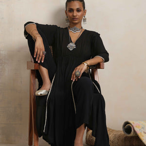 trueBrowns Black Crinkle Anarkali Flared Kurta Set