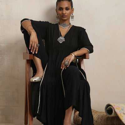 trueBrowns Black Crinkle Anarkali Flared Kurta Set