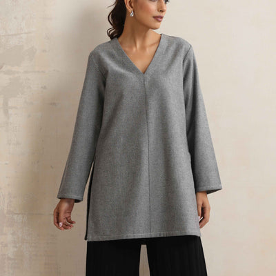 trueBrowns Grey Woollen High Slit Kurta