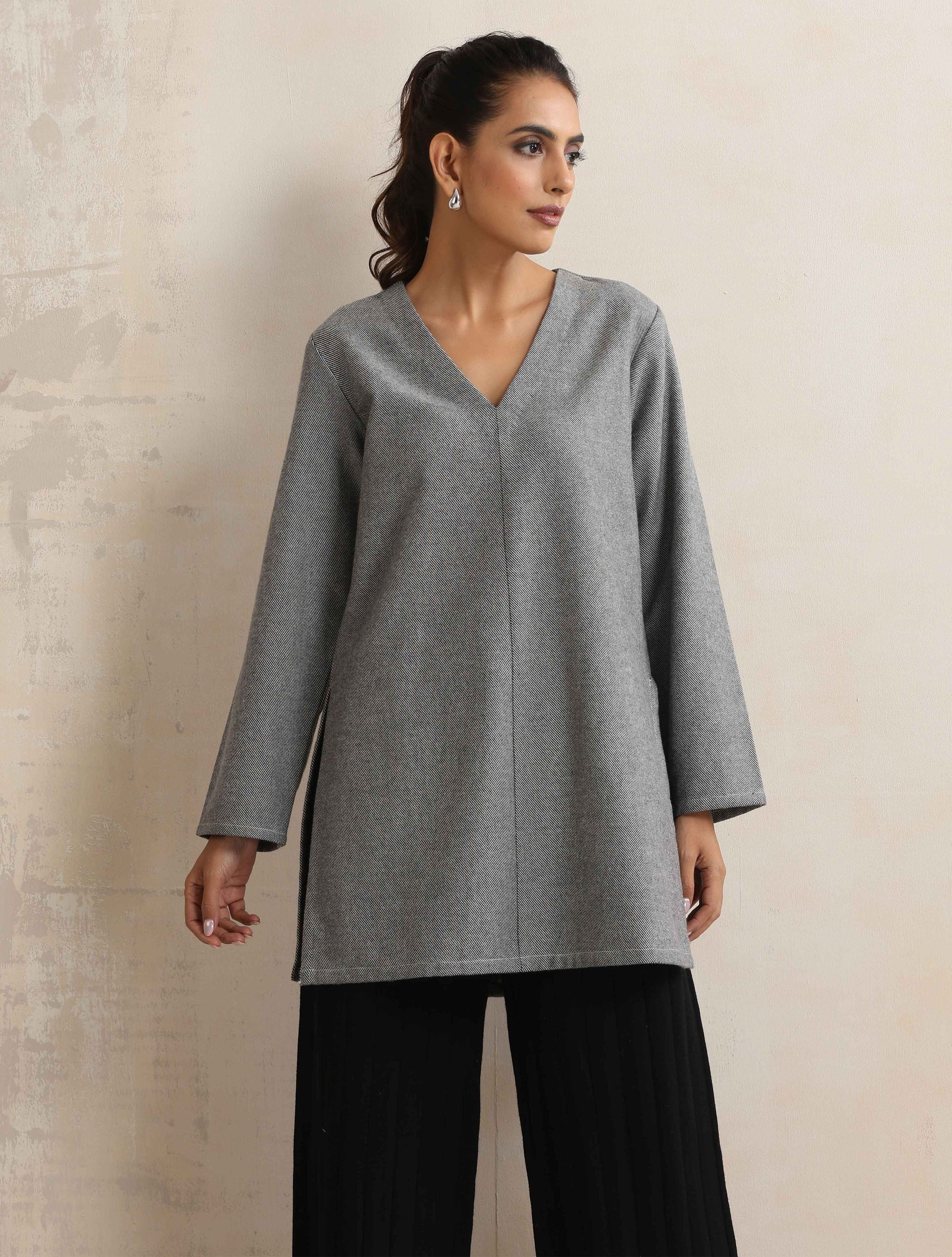 trueBrowns Grey Woollen High Slit Kurta