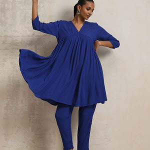 trueBrowns Blue Crinkle Flared Kurta Co-ord Set