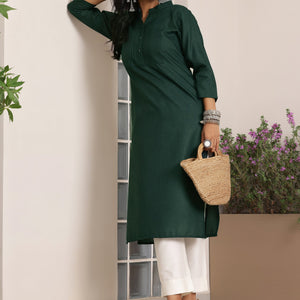 Green Solid Silk Straight Kurta