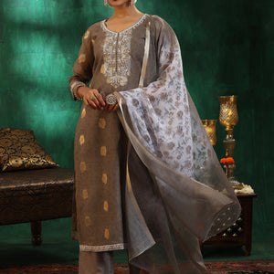 Green Woven Design Silk Blend Straight Suit With Dupatta