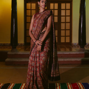 Brown Handloom Chanderi Cotton Saree With Kalamkari Style print