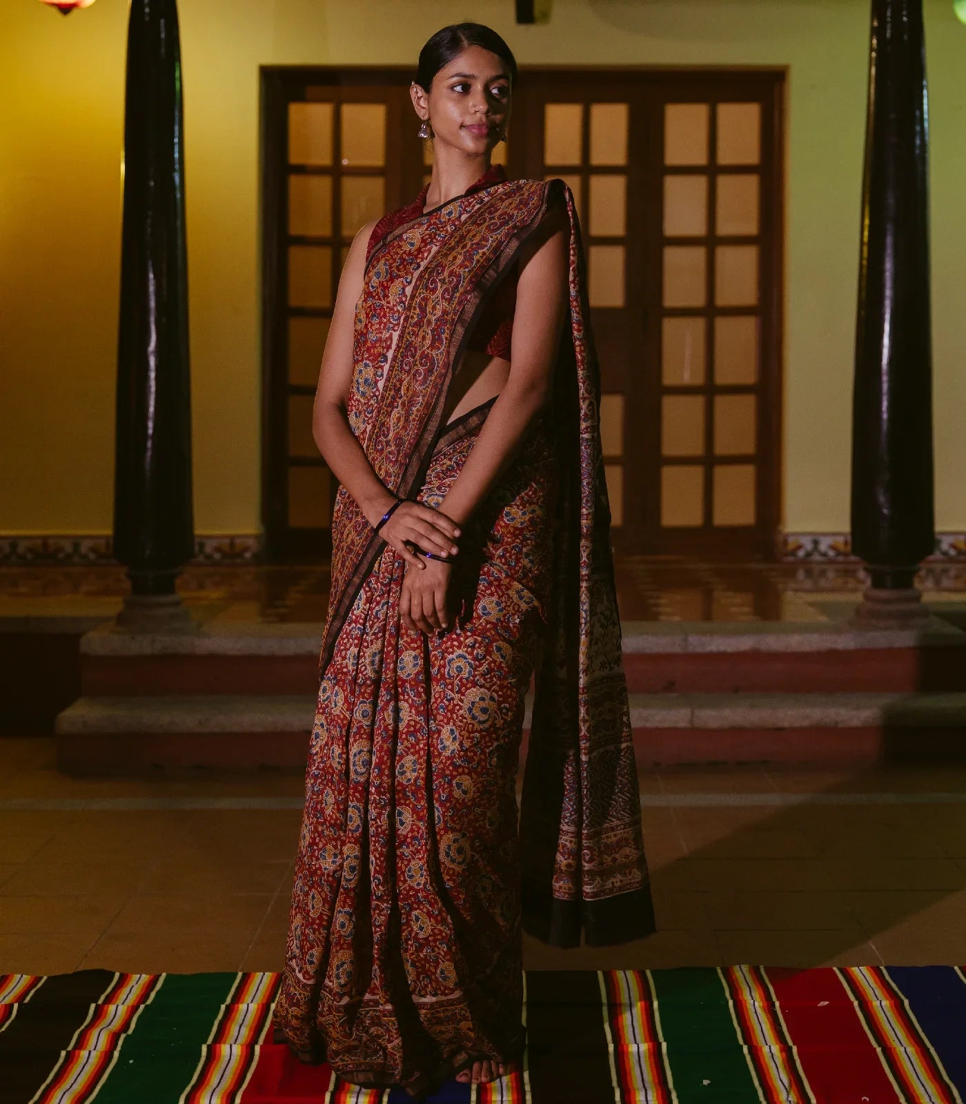 Brown Handloom Chanderi Cotton Saree With Kalamkari Style print