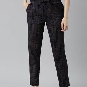 Women Printed Black Mid Rise Cotton Knit Lounge Pants