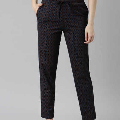 Women Printed Black Mid Rise Cotton Knit Lounge Pants